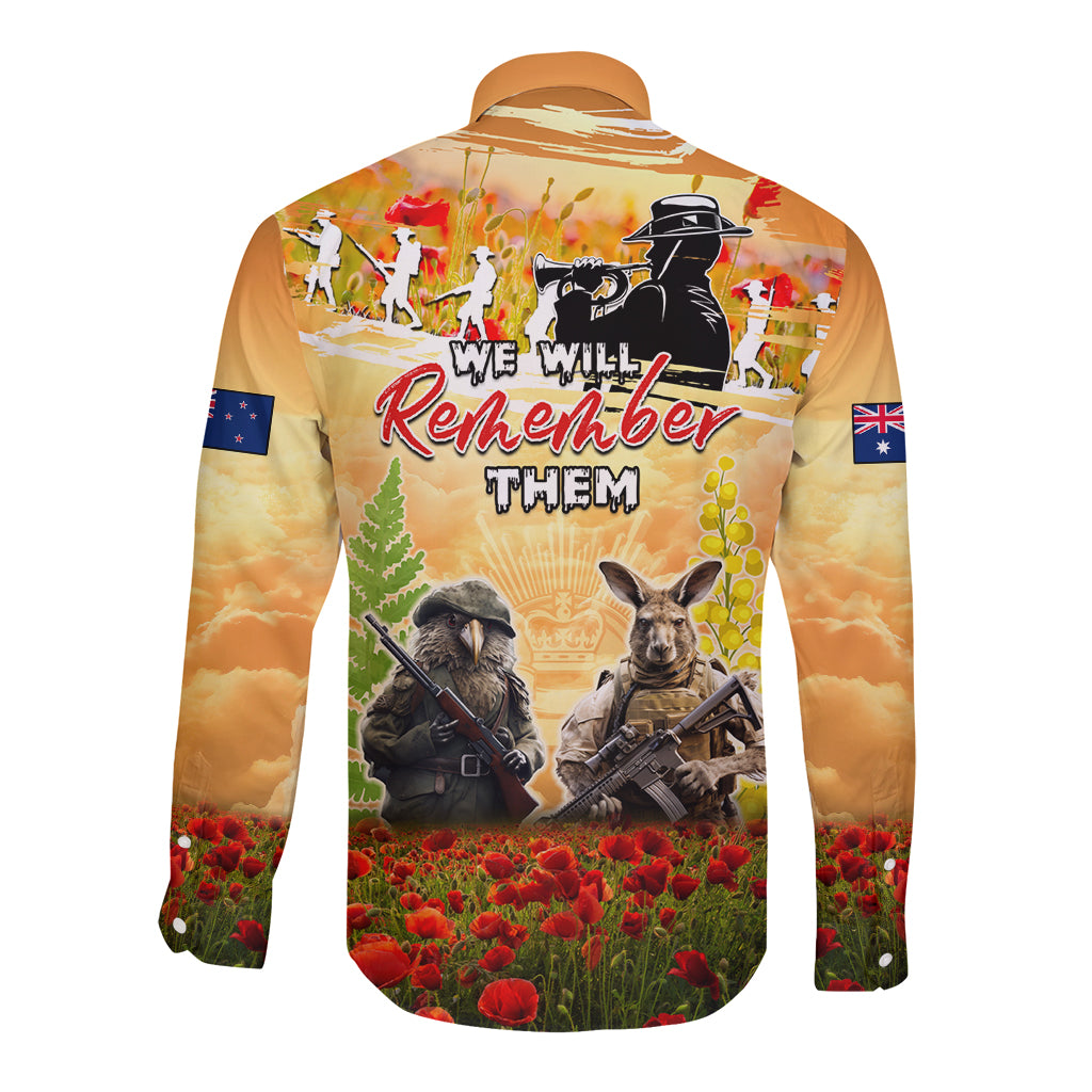 Australia And New Zealand ANZAC Day Long Sleeve Button Shirt Kangaroo And Kiwi Bird Soldiers Lest We Forget LT05 - Vibe Hoodie Shop