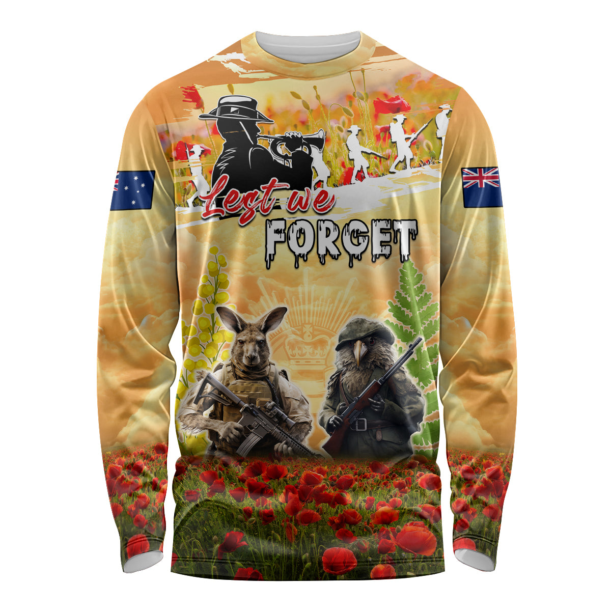 Australia And New Zealand ANZAC Day Long Sleeve Shirt Kangaroo And Kiwi Bird Soldiers Lest We Forget LT05 - Vibe Hoodie Shop