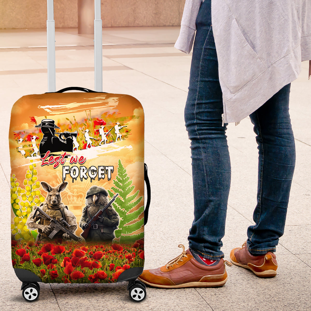 Australia And New Zealand ANZAC Day Luggage Cover Kangaroo And Kiwi Bird Soldiers Lest We Forget LT05 - Vibe Hoodie Shop