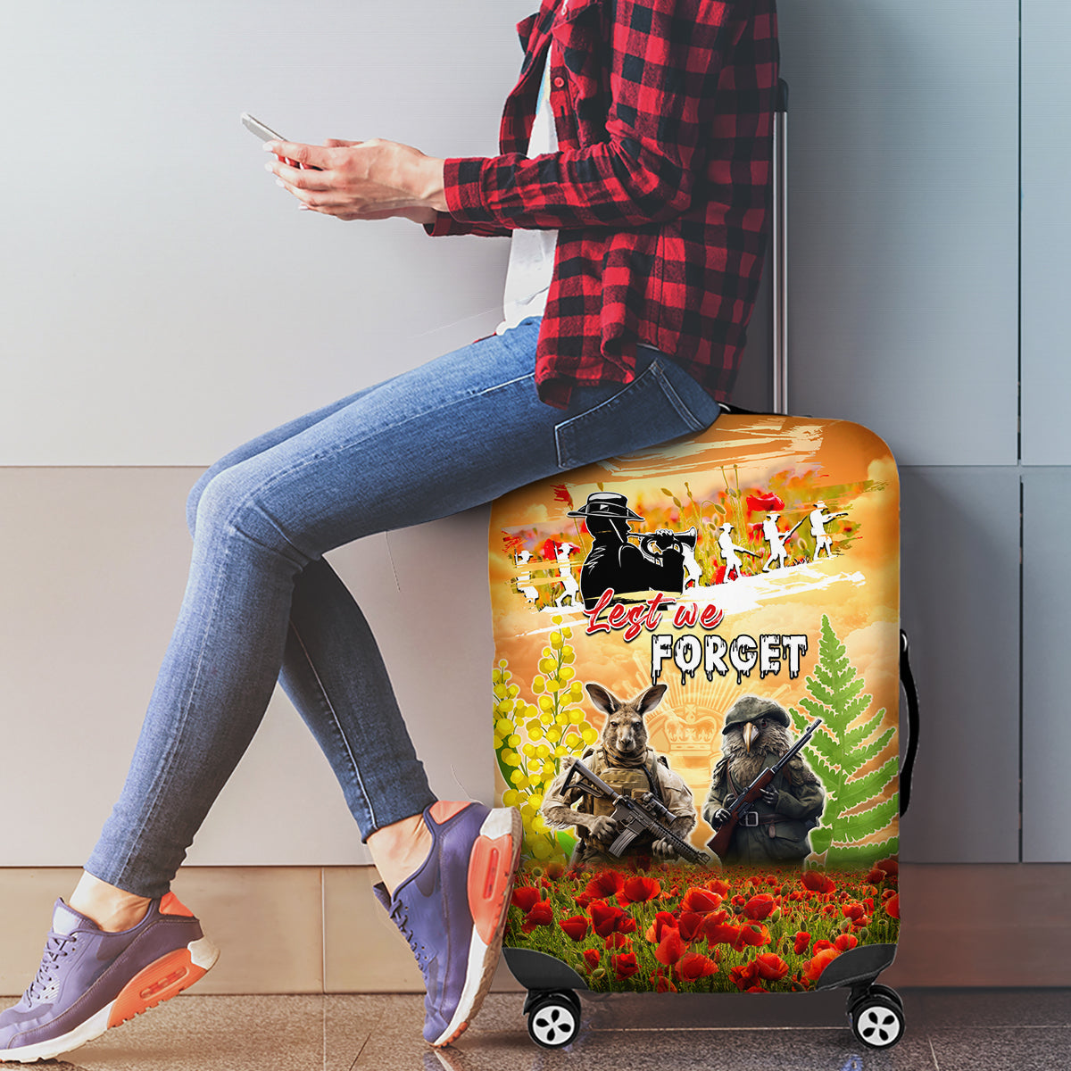 Australia And New Zealand ANZAC Day Luggage Cover Kangaroo And Kiwi Bird Soldiers Lest We Forget LT05 - Vibe Hoodie Shop