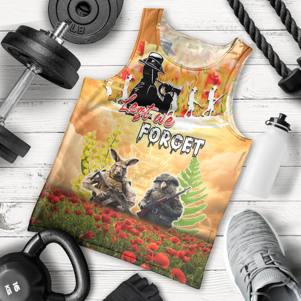 Australia And New Zealand ANZAC Day Men Tank Top Kangaroo And Kiwi Bird Soldiers Lest We Forget LT05 - Vibe Hoodie Shop