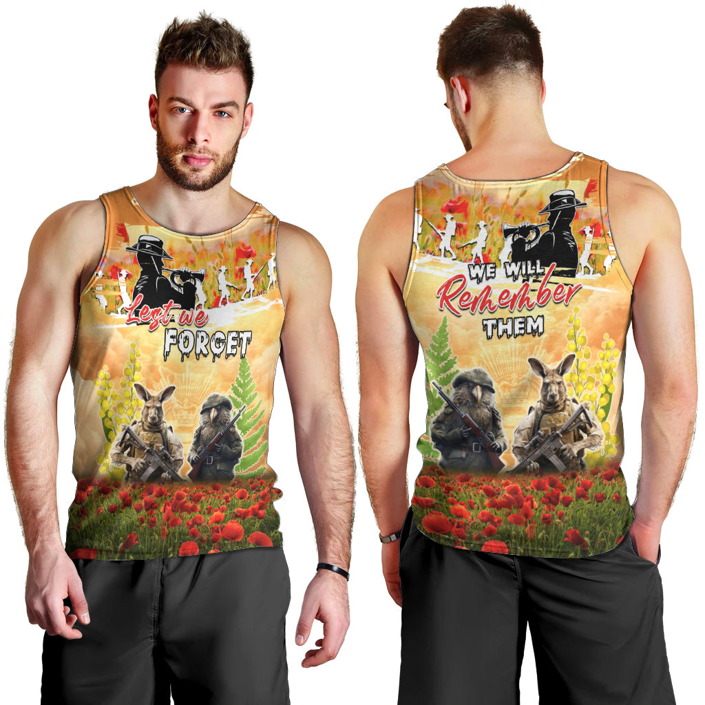 Australia And New Zealand ANZAC Day Men Tank Top Kangaroo And Kiwi Bird Soldiers Lest We Forget LT05 - Vibe Hoodie Shop