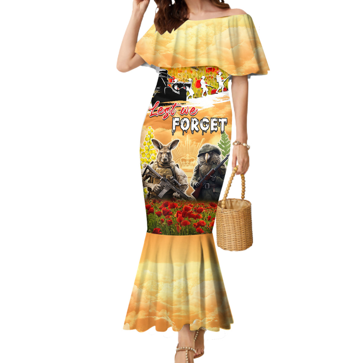 Australia And New Zealand ANZAC Day Mermaid Dress Kangaroo And Kiwi Bird Soldiers Lest We Forget