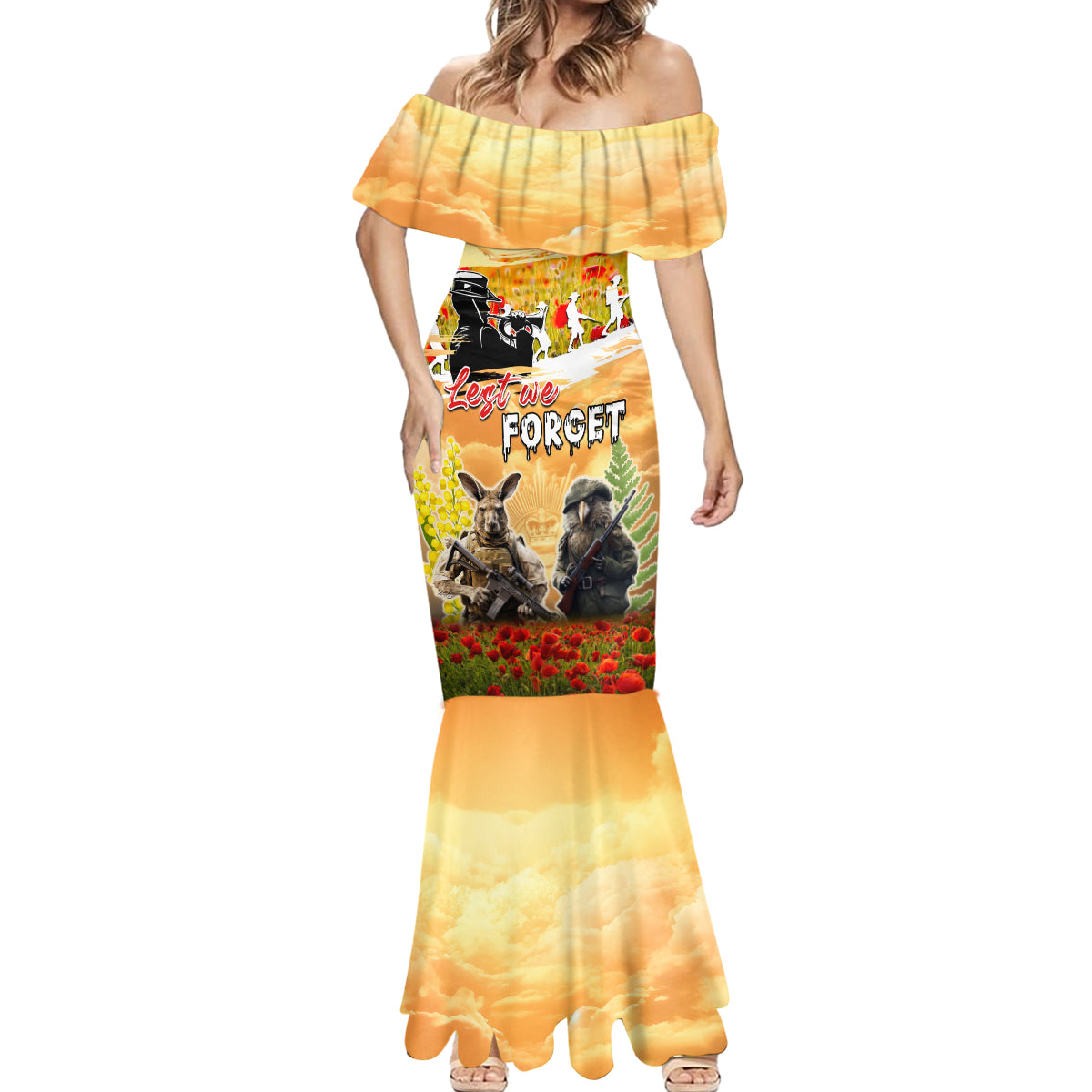 Australia And New Zealand ANZAC Day Mermaid Dress Kangaroo And Kiwi Bird Soldiers Lest We Forget