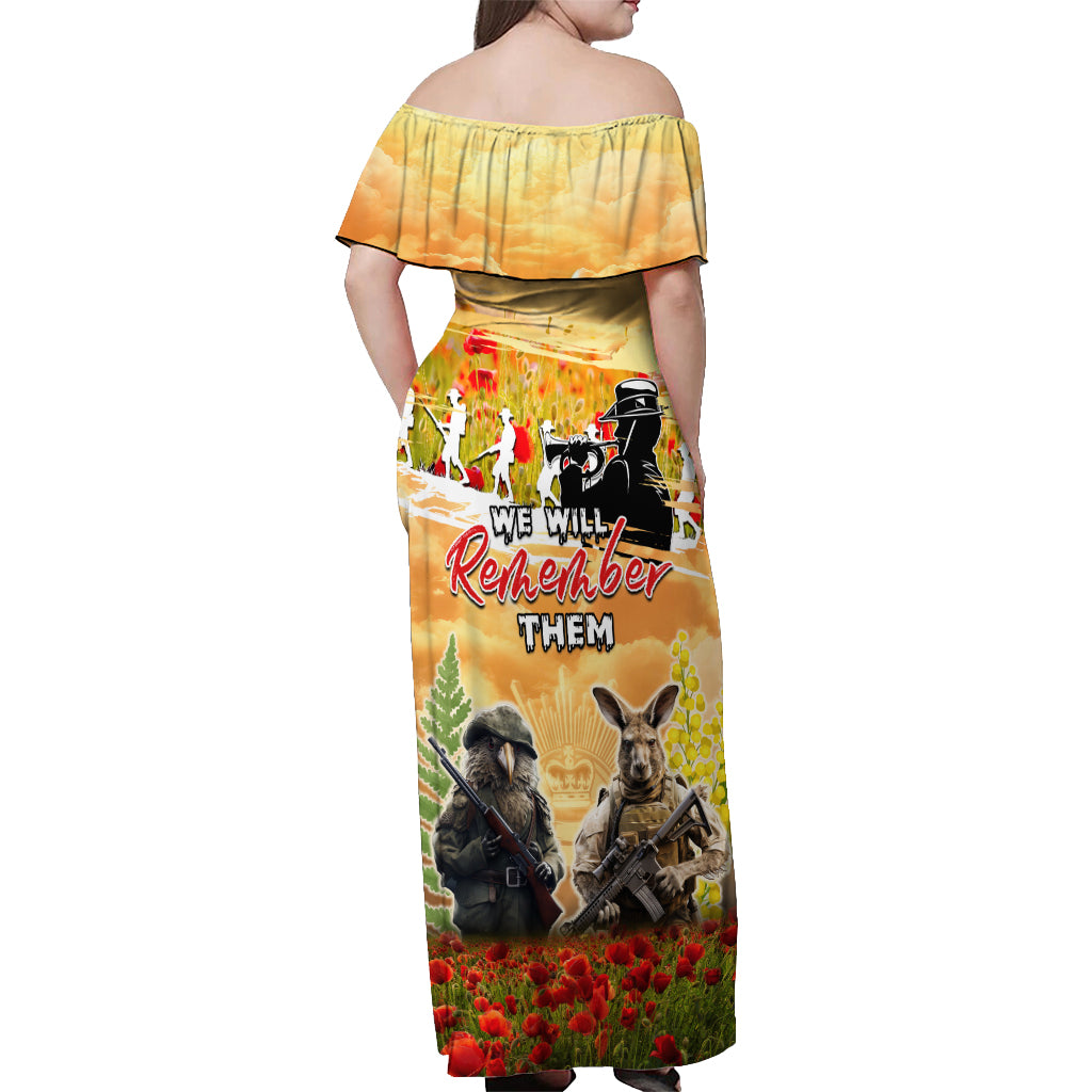 Australia And New Zealand ANZAC Day Off Shoulder Maxi Dress Kangaroo And Kiwi Bird Soldiers Lest We Forget