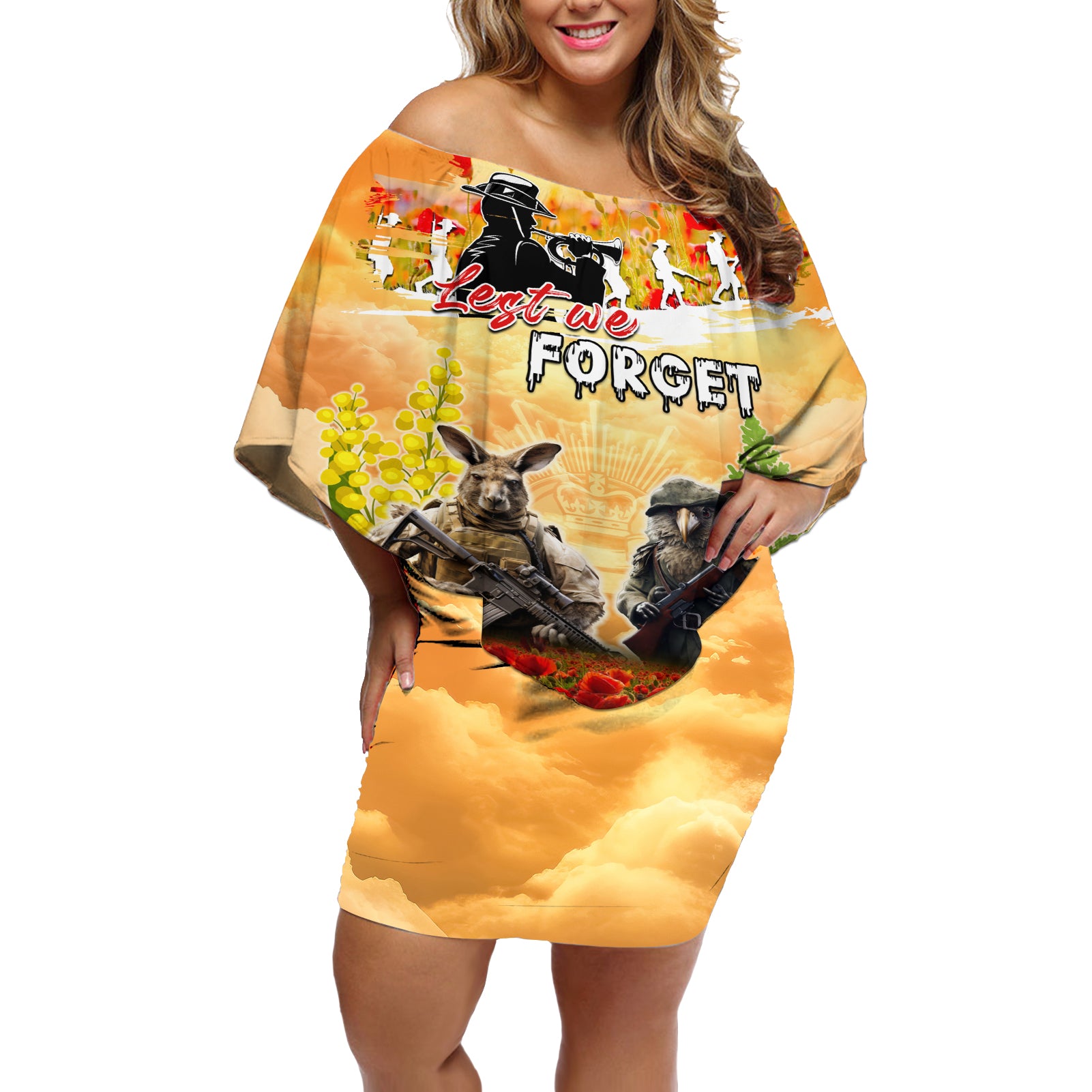 Australia And New Zealand ANZAC Day Off Shoulder Short Dress Kangaroo And Kiwi Bird Soldiers Lest We Forget