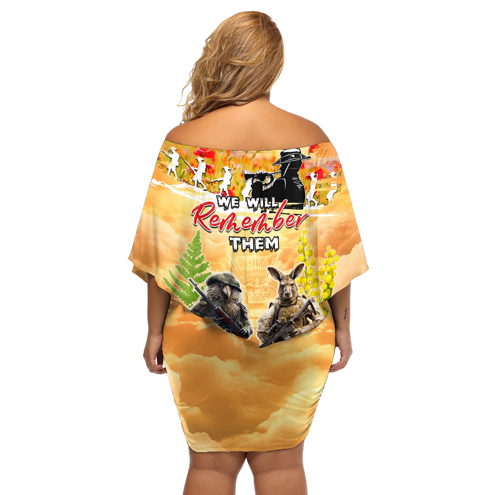 Australia And New Zealand ANZAC Day Off Shoulder Short Dress Kangaroo And Kiwi Bird Soldiers Lest We Forget