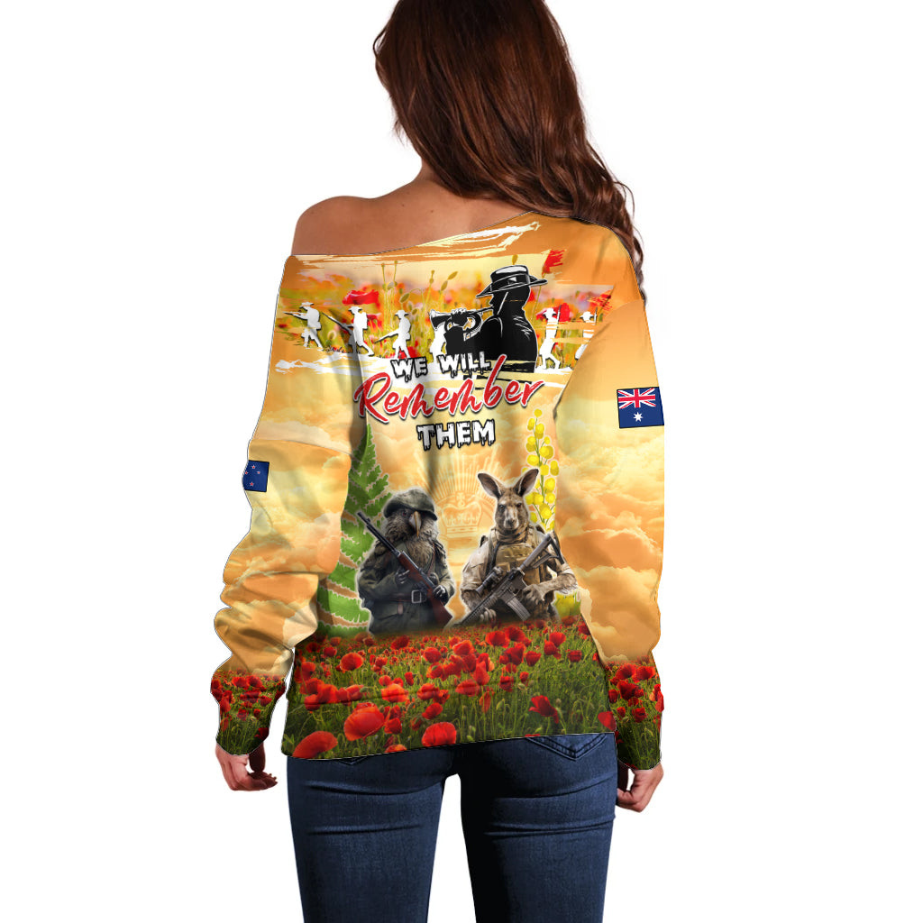 Australia And New Zealand ANZAC Day Off Shoulder Sweater Kangaroo And Kiwi Bird Soldiers Lest We Forget LT05 - Vibe Hoodie Shop
