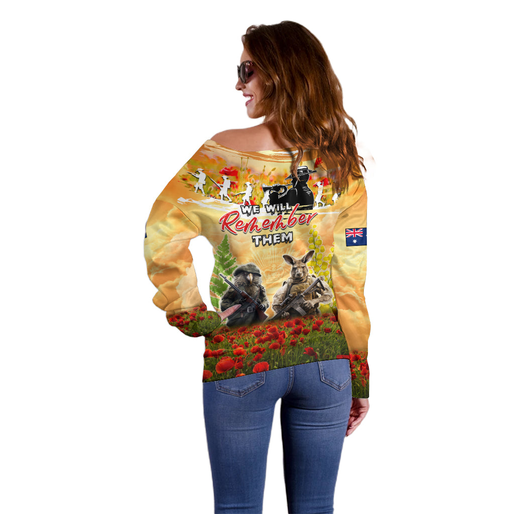 Australia And New Zealand ANZAC Day Off Shoulder Sweater Kangaroo And Kiwi Bird Soldiers Lest We Forget LT05 - Vibe Hoodie Shop