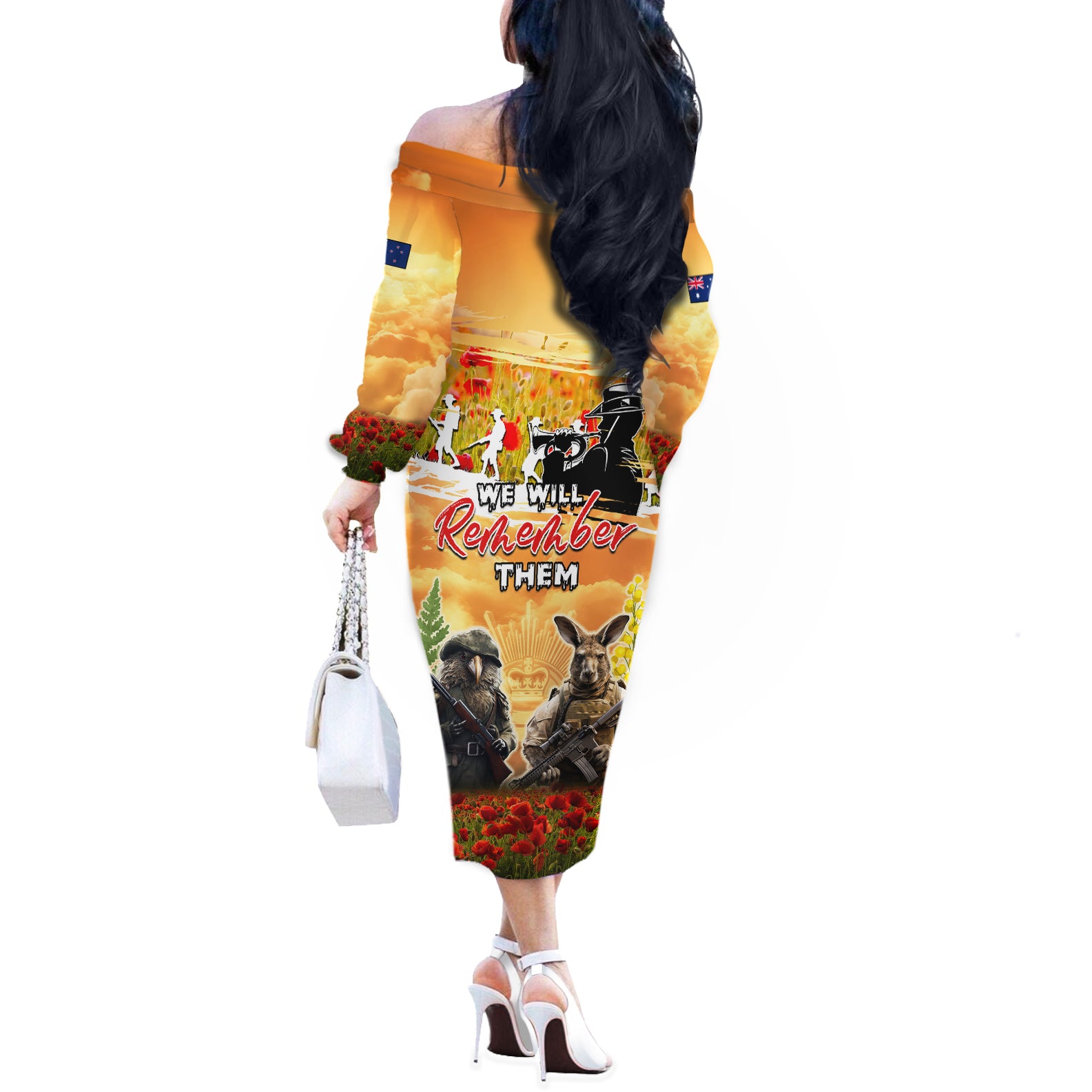 Australia And New Zealand ANZAC Day Off The Shoulder Long Sleeve Dress Kangaroo And Kiwi Bird Soldiers Lest We Forget