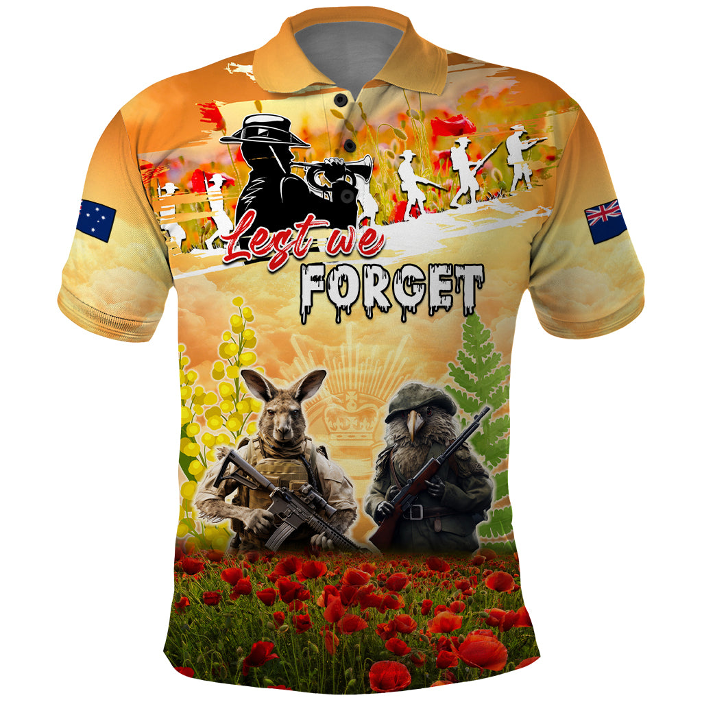 Australia And New Zealand ANZAC Day Polo Shirt Kangaroo And Kiwi Bird Soldiers Lest We Forget LT05 - Vibe Hoodie Shop