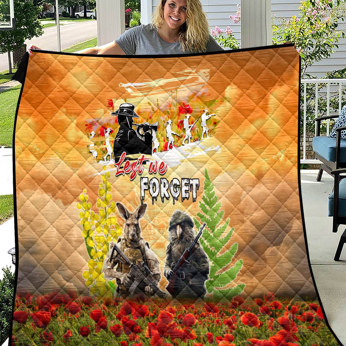 Australia And New Zealand ANZAC Day Quilt Kangaroo And Kiwi Bird Soldiers Lest We Forget LT05 - Vibe Hoodie Shop