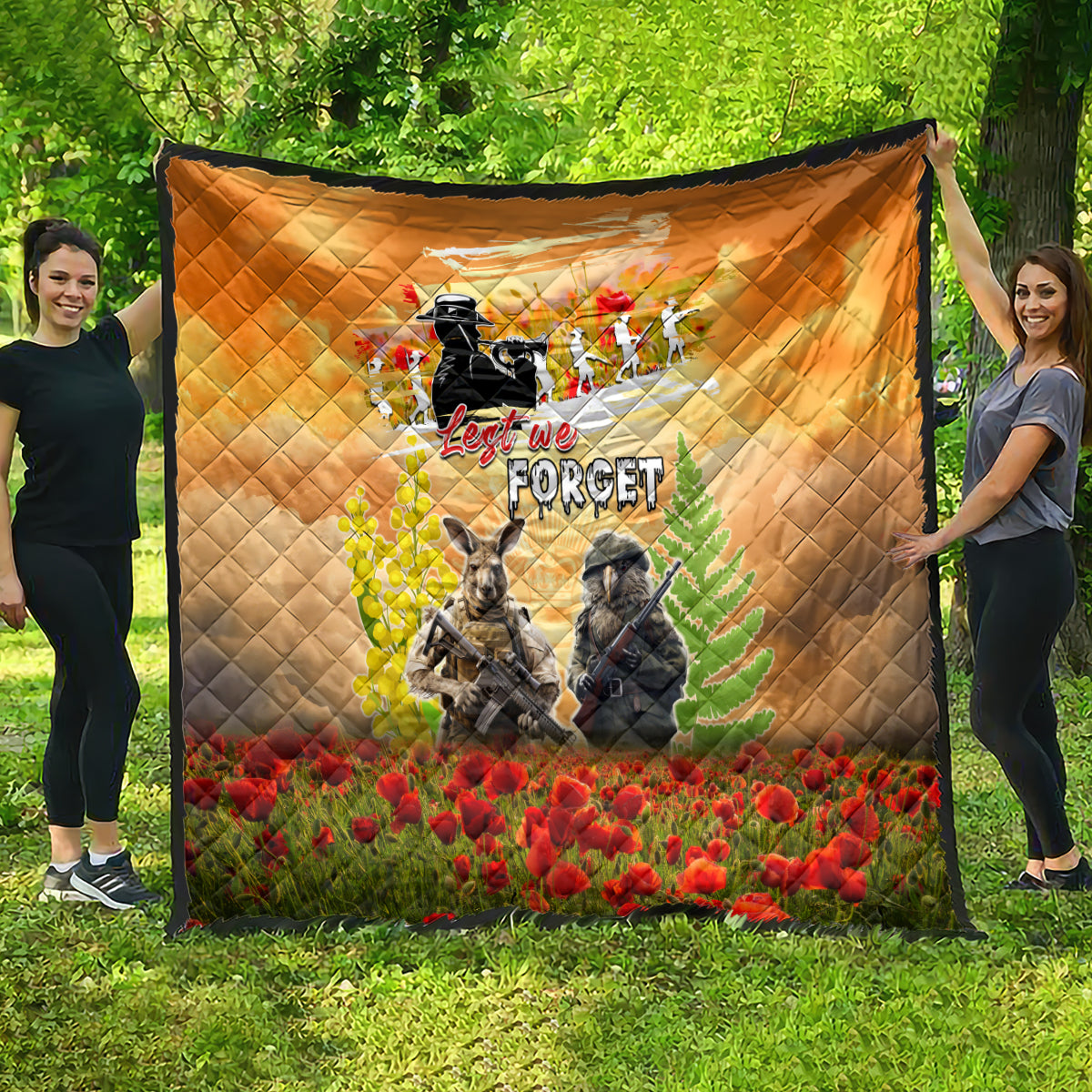 Australia And New Zealand ANZAC Day Quilt Kangaroo And Kiwi Bird Soldiers Lest We Forget LT05 - Vibe Hoodie Shop