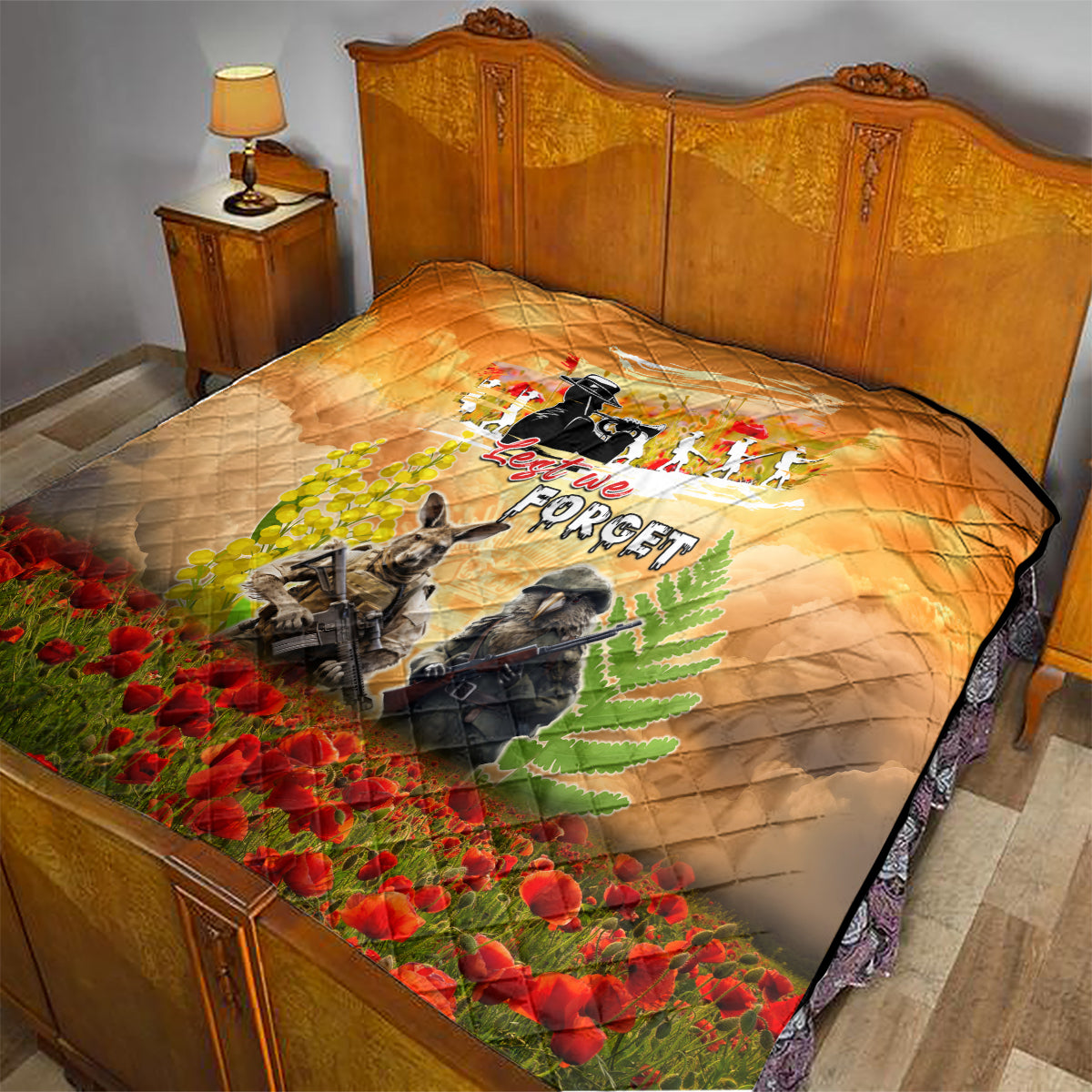 Australia And New Zealand ANZAC Day Quilt Kangaroo And Kiwi Bird Soldiers Lest We Forget LT05 - Vibe Hoodie Shop