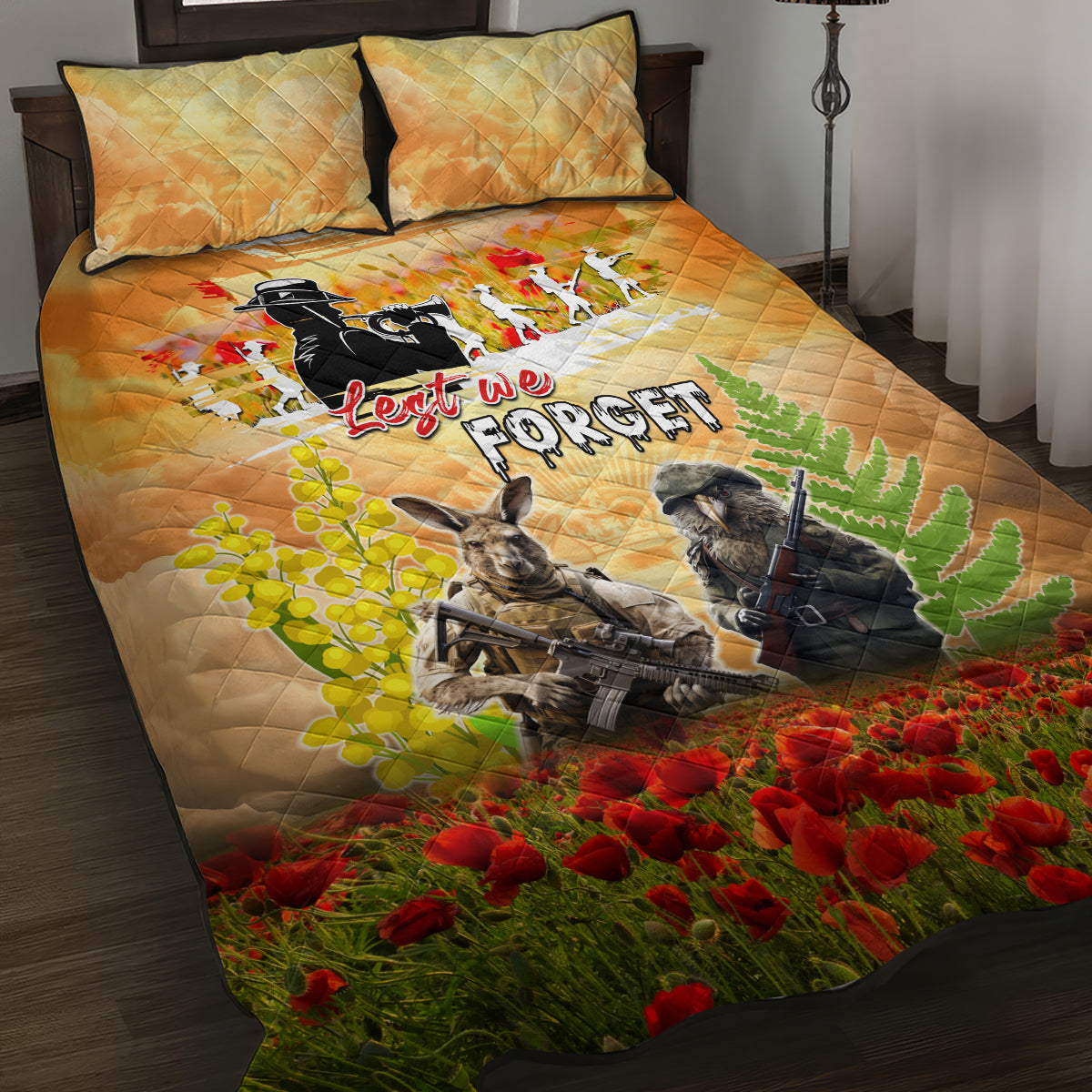 Australia And New Zealand ANZAC Day Quilt Bed Set Kangaroo And Kiwi Bird Soldiers Lest We Forget LT05 - Vibe Hoodie Shop