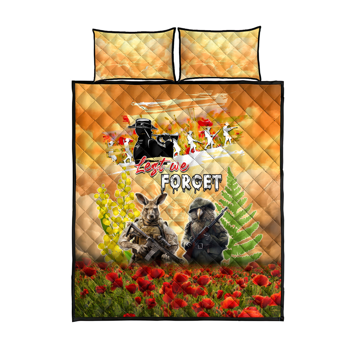 Australia And New Zealand ANZAC Day Quilt Bed Set Kangaroo And Kiwi Bird Soldiers Lest We Forget LT05 - Vibe Hoodie Shop