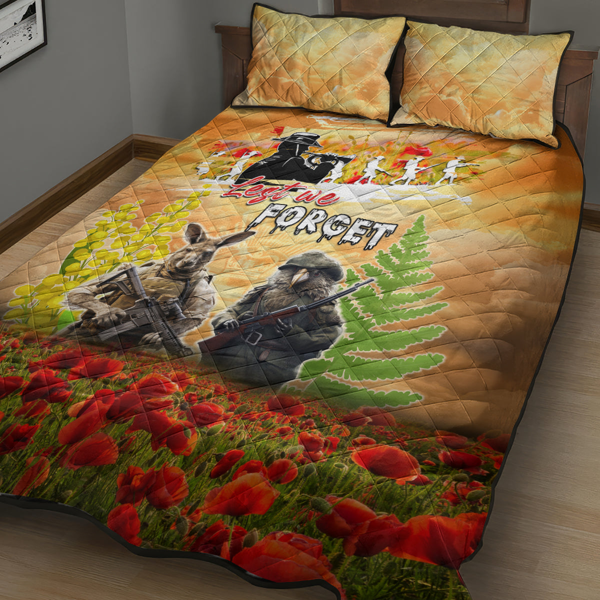 Australia And New Zealand ANZAC Day Quilt Bed Set Kangaroo And Kiwi Bird Soldiers Lest We Forget LT05 - Vibe Hoodie Shop