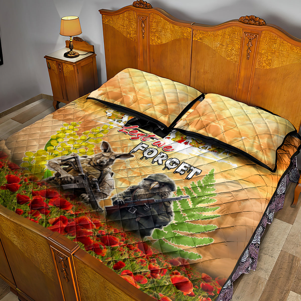 Australia And New Zealand ANZAC Day Quilt Bed Set Kangaroo And Kiwi Bird Soldiers Lest We Forget LT05 - Vibe Hoodie Shop