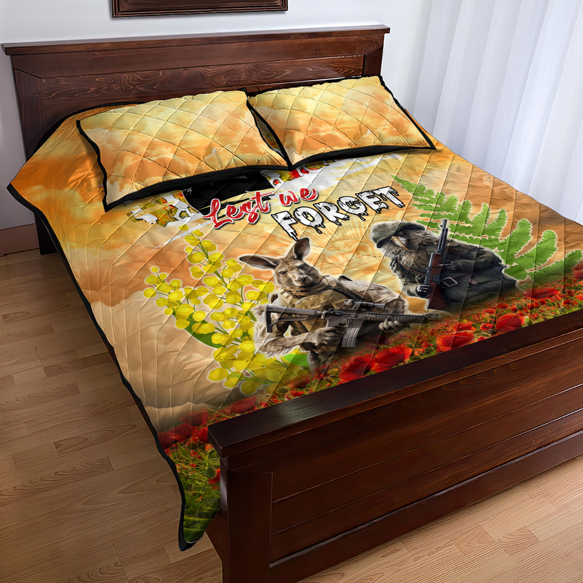 Australia And New Zealand ANZAC Day Quilt Bed Set Kangaroo And Kiwi Bird Soldiers Lest We Forget LT05 - Vibe Hoodie Shop