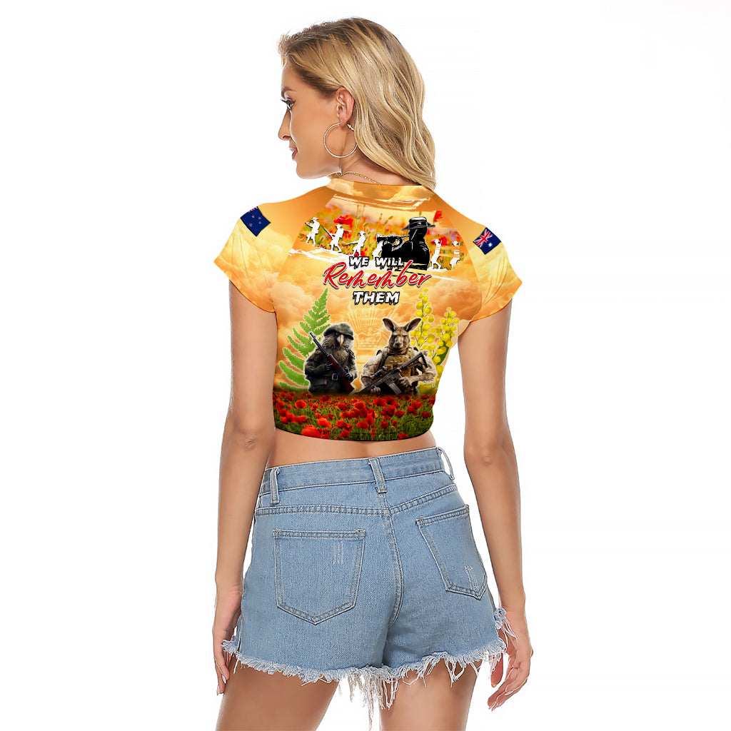 Australia And New Zealand ANZAC Day Raglan Cropped T Shirt Kangaroo And Kiwi Bird Soldiers Lest We Forget LT05 - Vibe Hoodie Shop