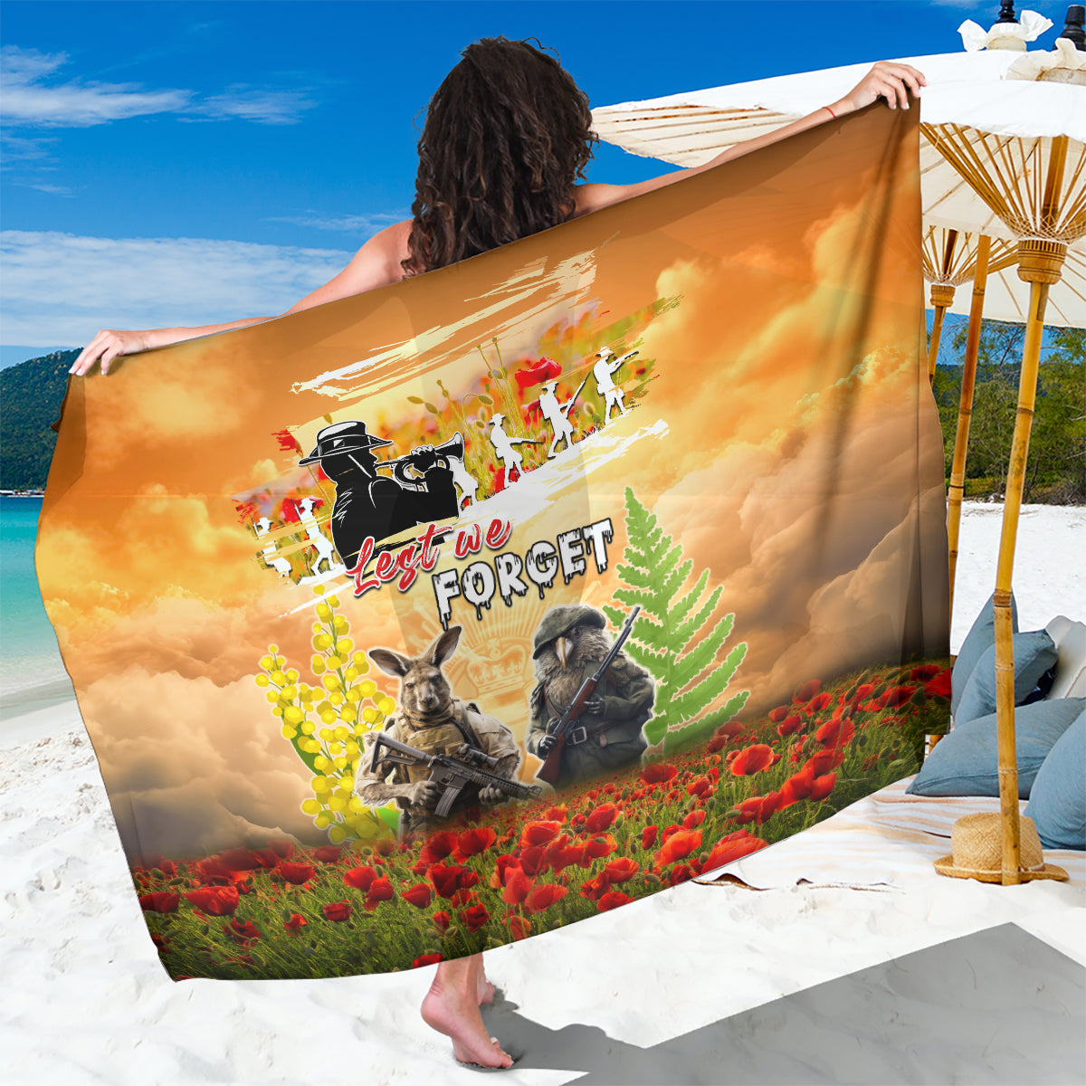 Australia And New Zealand ANZAC Day Sarong Kangaroo And Kiwi Bird Soldiers Lest We Forget LT05 - Vibe Hoodie Shop