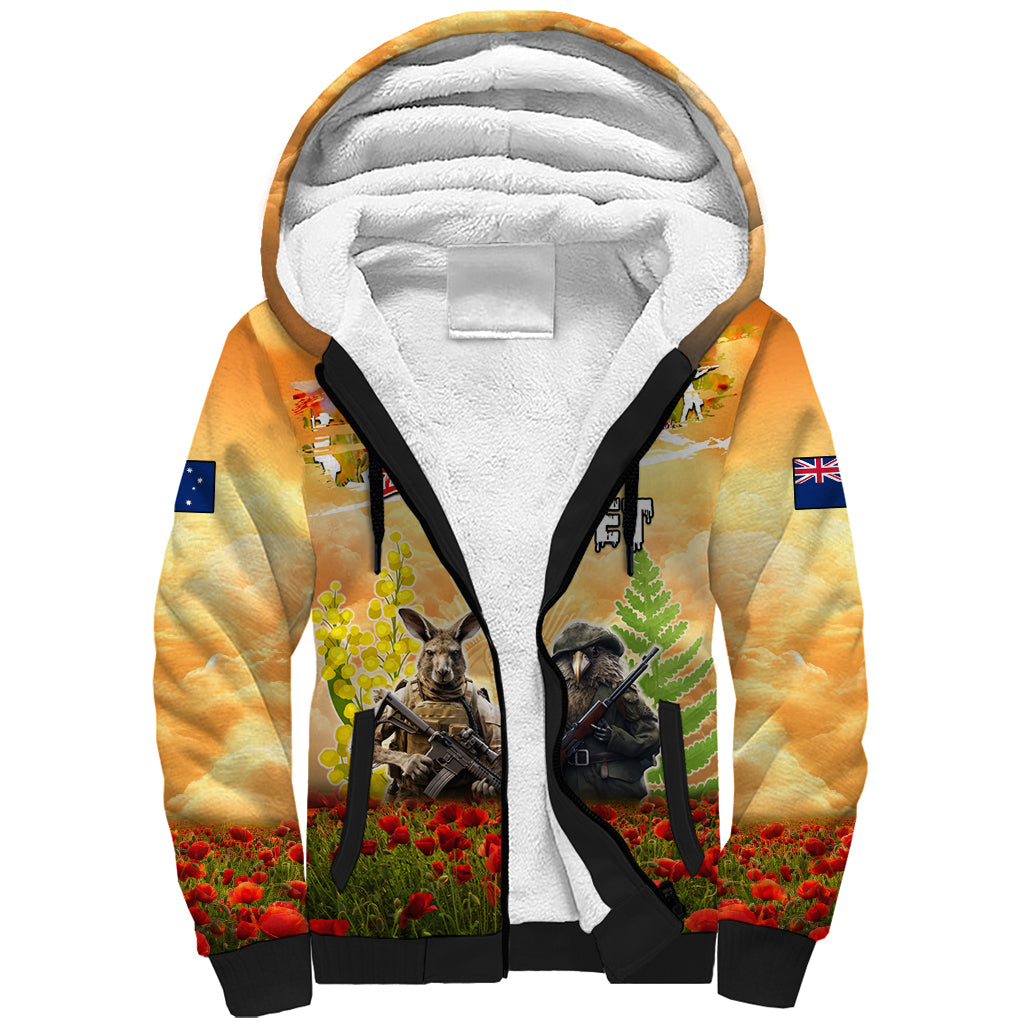 Australia And New Zealand ANZAC Day Sherpa Hoodie Kangaroo And Kiwi Bird Soldiers Lest We Forget LT05 - Vibe Hoodie Shop