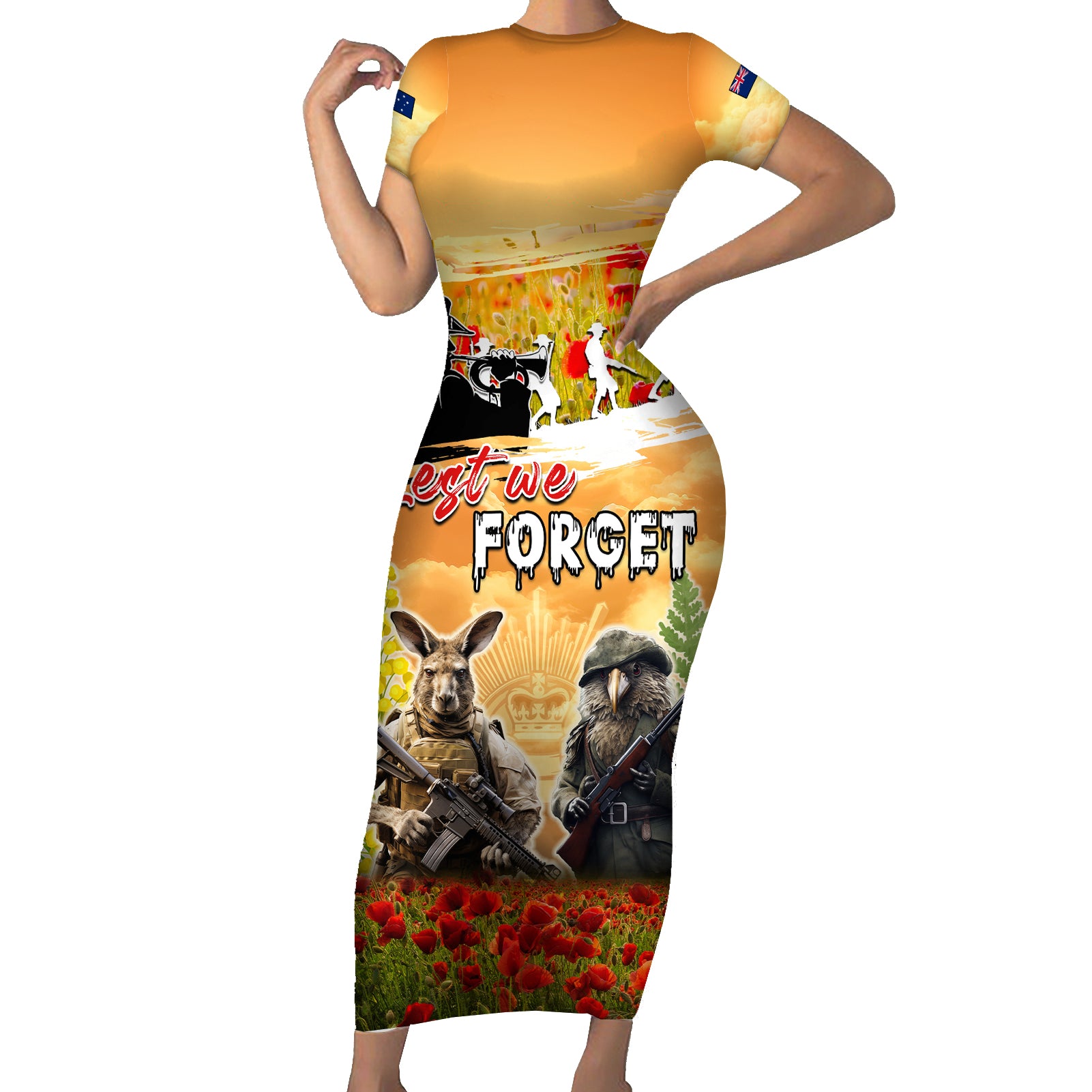 Australia And New Zealand ANZAC Day Short Sleeve Bodycon Dress Kangaroo And Kiwi Bird Soldiers Lest We Forget