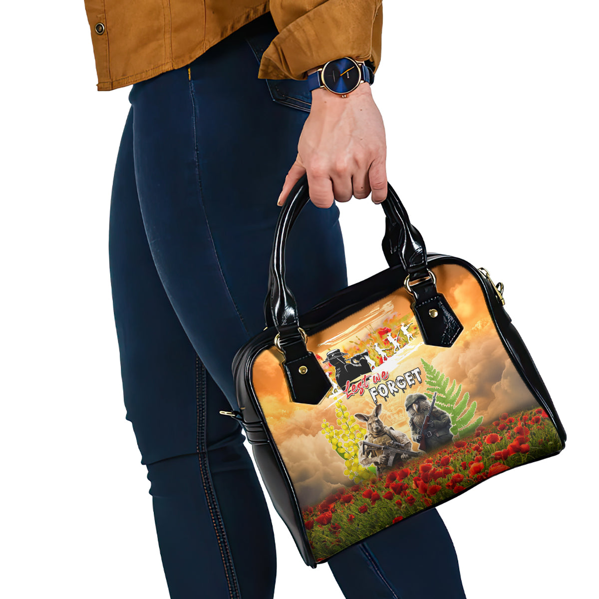 Australia And New Zealand ANZAC Day Shoulder Handbag Kangaroo And Kiwi Bird Soldiers Lest We Forget LT05 - Vibe Hoodie Shop