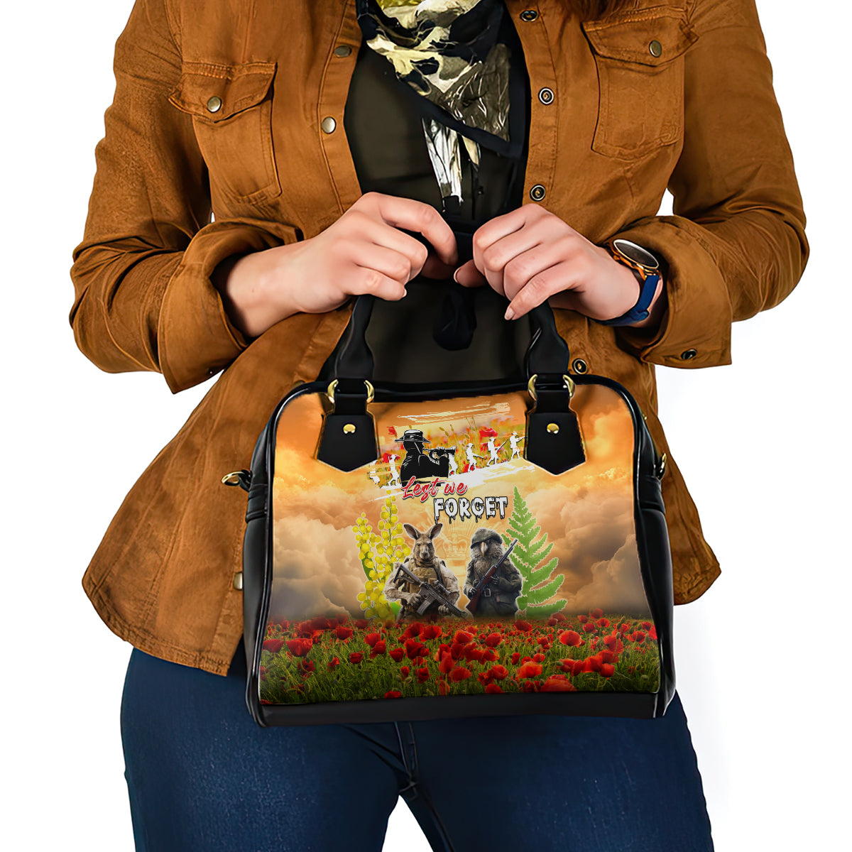 Australia And New Zealand ANZAC Day Shoulder Handbag Kangaroo And Kiwi Bird Soldiers Lest We Forget LT05 - Vibe Hoodie Shop