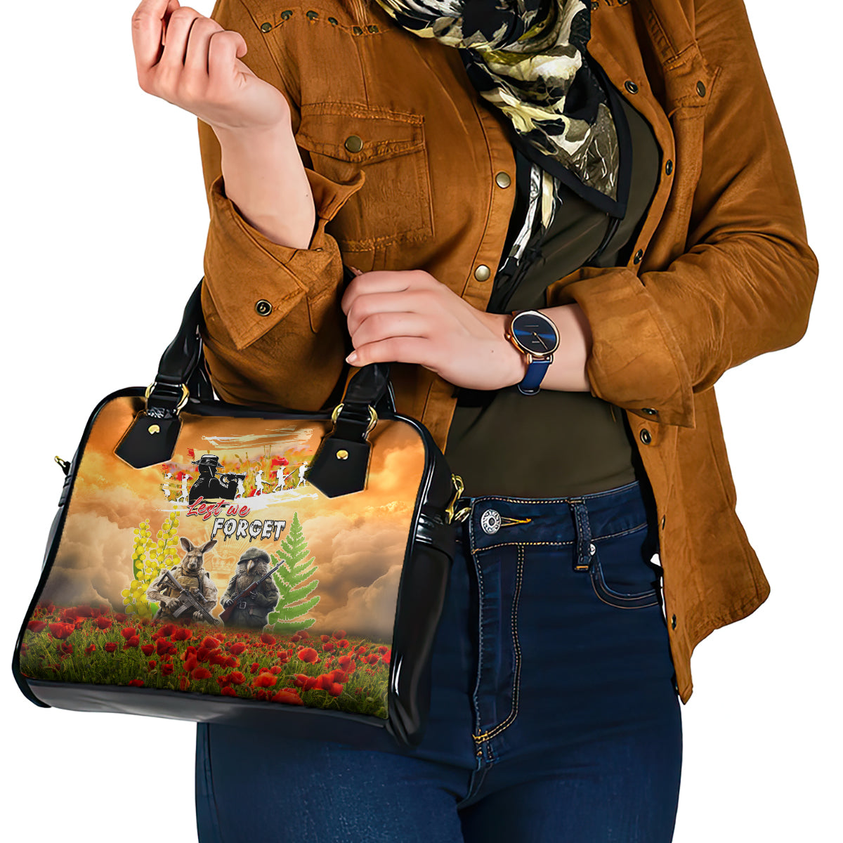 Australia And New Zealand ANZAC Day Shoulder Handbag Kangaroo And Kiwi Bird Soldiers Lest We Forget LT05 - Vibe Hoodie Shop