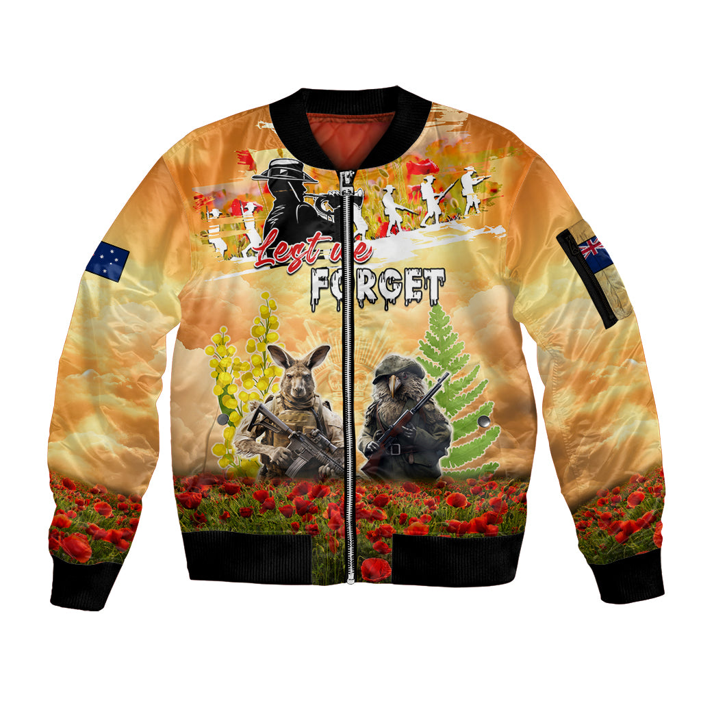 Australia And New Zealand ANZAC Day Sleeve Zip Bomber Jacket Kangaroo And Kiwi Bird Soldiers Lest We Forget
