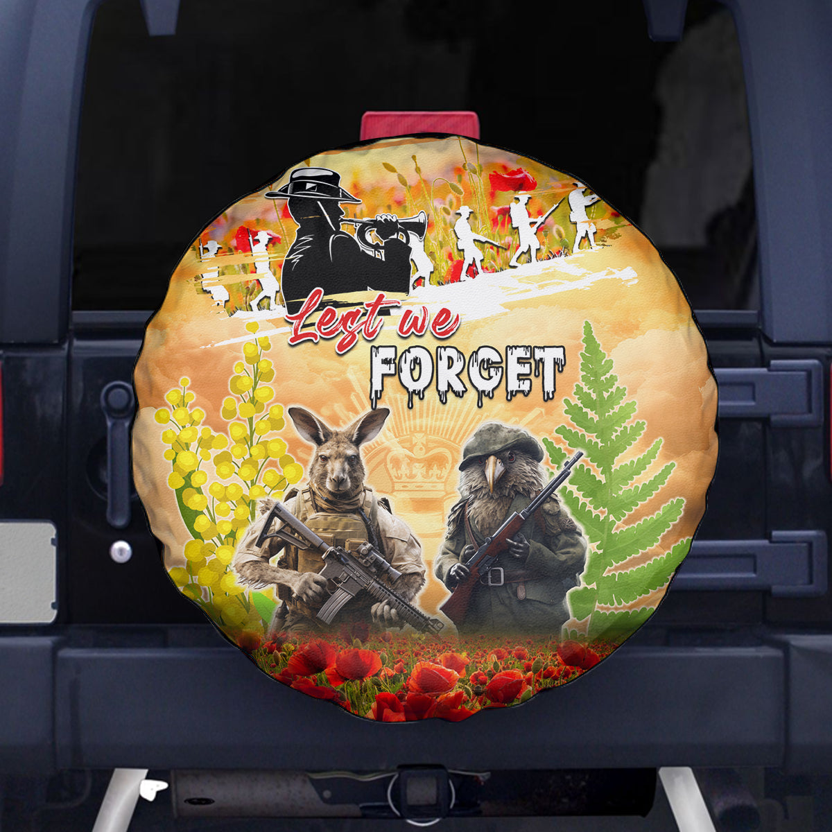 Australia And New Zealand ANZAC Day Spare Tire Cover Kangaroo And Kiwi Bird Soldiers Lest We Forget LT05 - Vibe Hoodie Shop