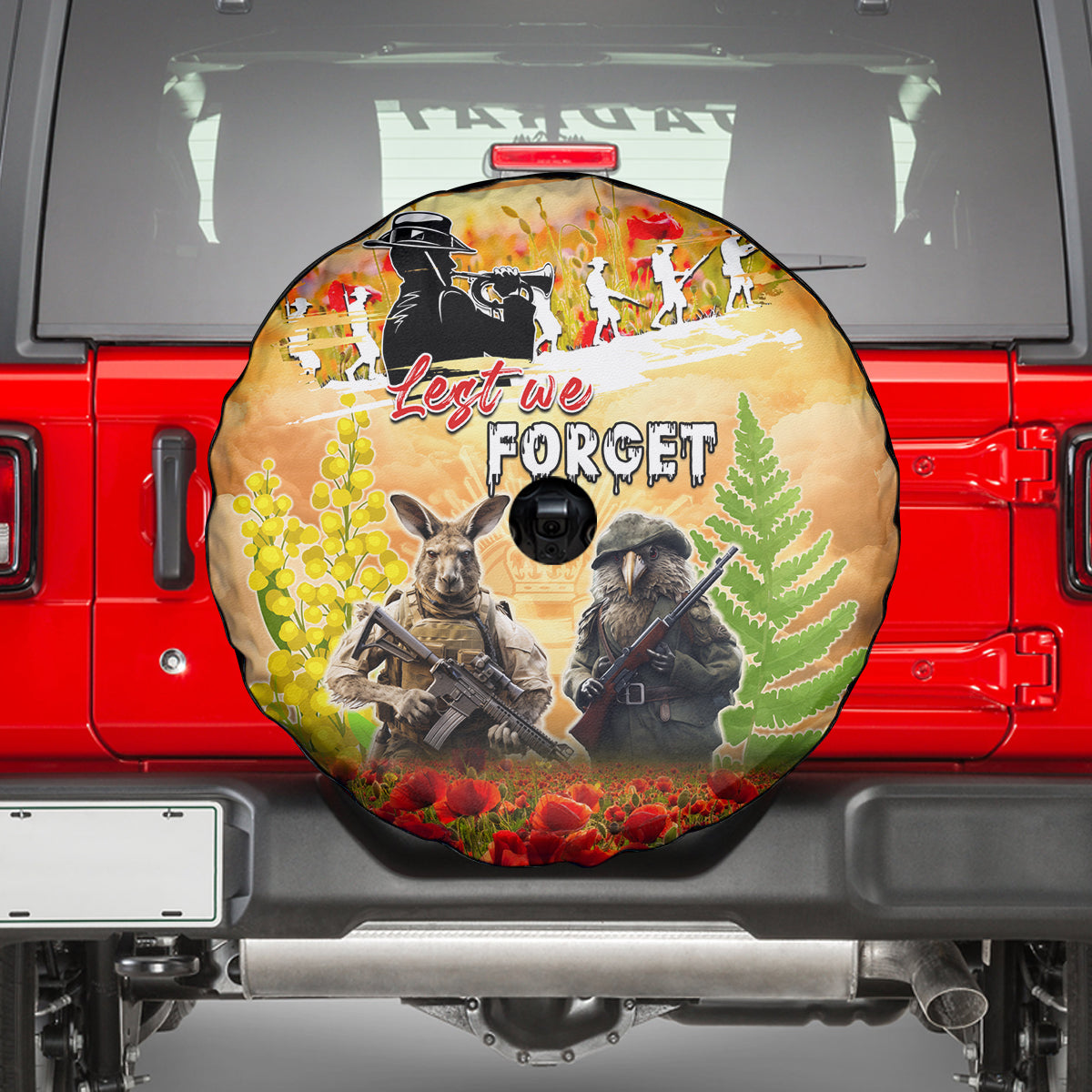Australia And New Zealand ANZAC Day Spare Tire Cover Kangaroo And Kiwi Bird Soldiers Lest We Forget LT05 - Vibe Hoodie Shop