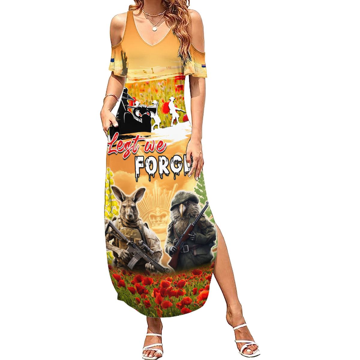 Australia And New Zealand ANZAC Day Summer Maxi Dress Kangaroo And Kiwi Bird Soldiers Lest We Forget