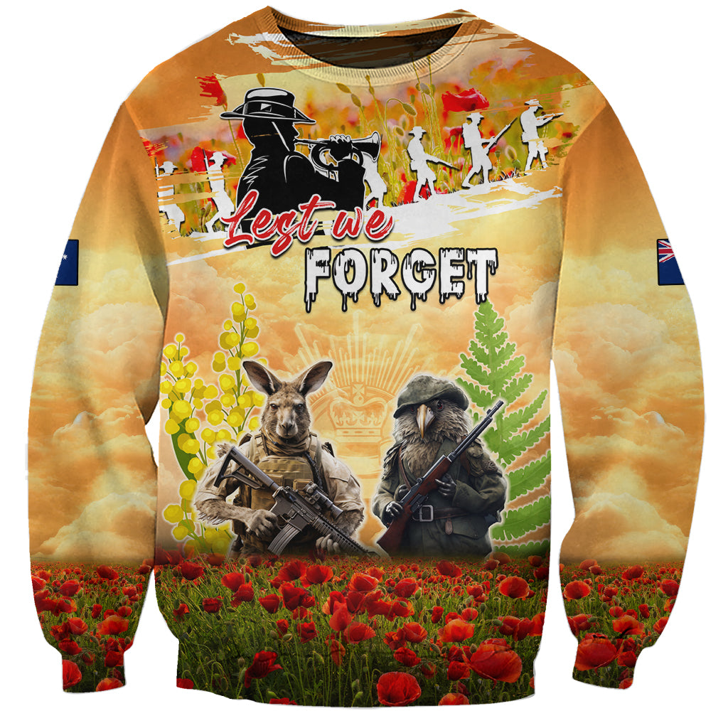 Australia And New Zealand ANZAC Day Sweatshirt Kangaroo And Kiwi Bird Soldiers Lest We Forget LT05 - Vibe Hoodie Shop