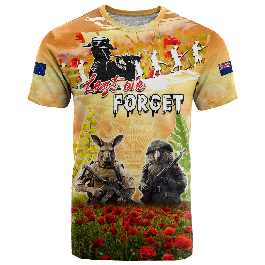 Australia And New Zealand ANZAC Day T Shirt Kangaroo And Kiwi Bird Soldiers Lest We Forget LT05 - Vibe Hoodie Shop