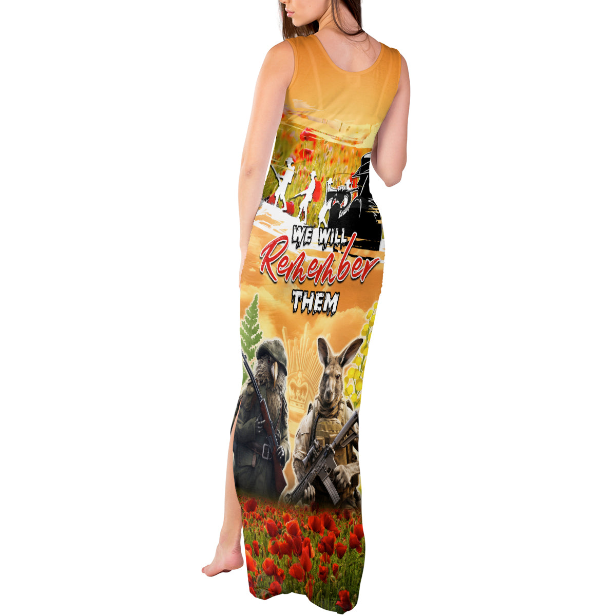 Australia And New Zealand ANZAC Day Tank Maxi Dress Kangaroo And Kiwi Bird Soldiers Lest We Forget