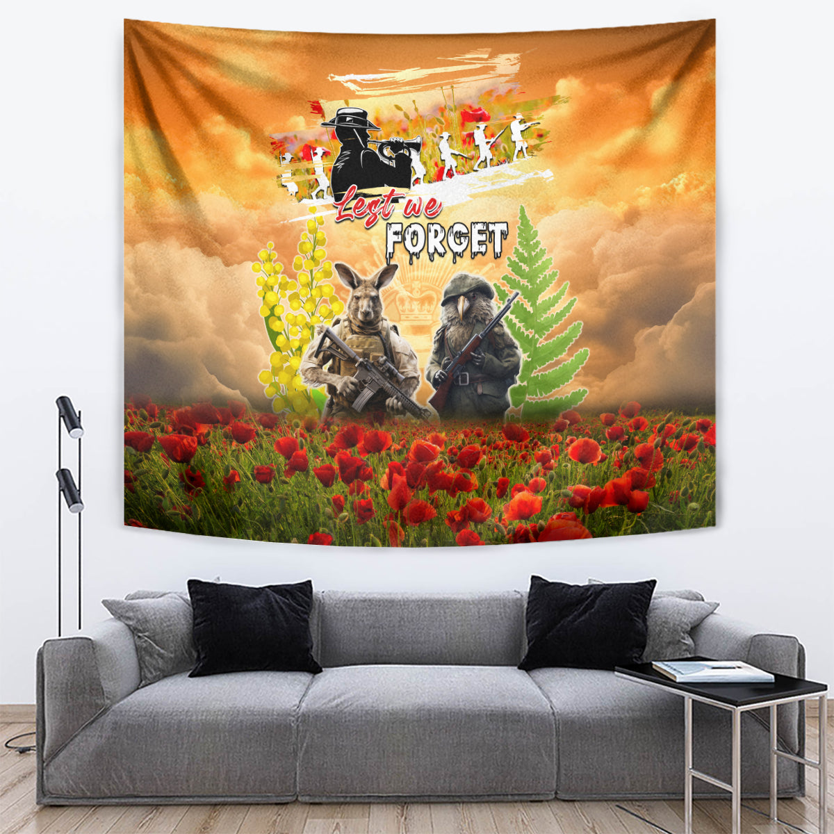 Australia And New Zealand ANZAC Day Tapestry Kangaroo And Kiwi Bird Soldiers Lest We Forget LT05 - Vibe Hoodie Shop