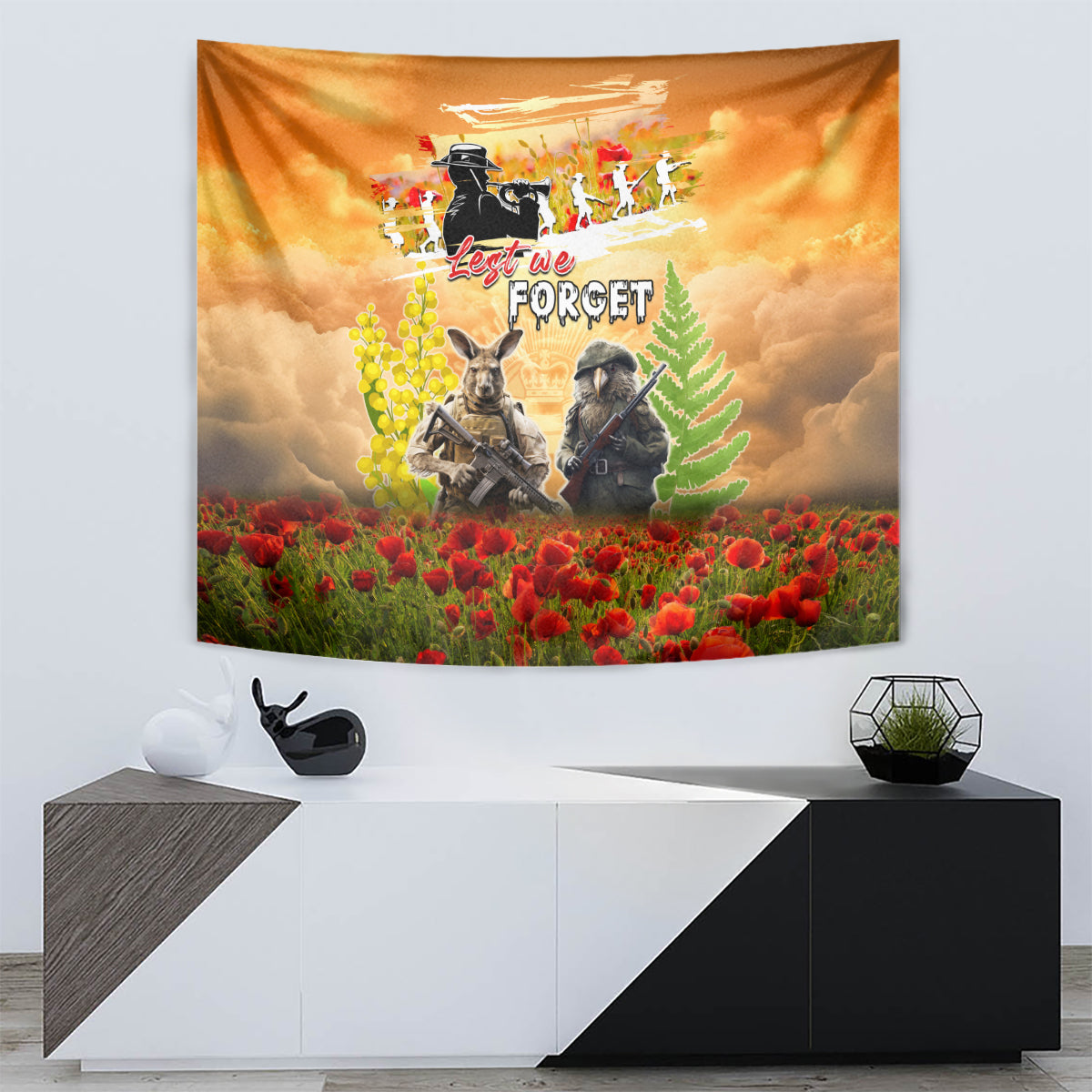 Australia And New Zealand ANZAC Day Tapestry Kangaroo And Kiwi Bird Soldiers Lest We Forget LT05 - Vibe Hoodie Shop