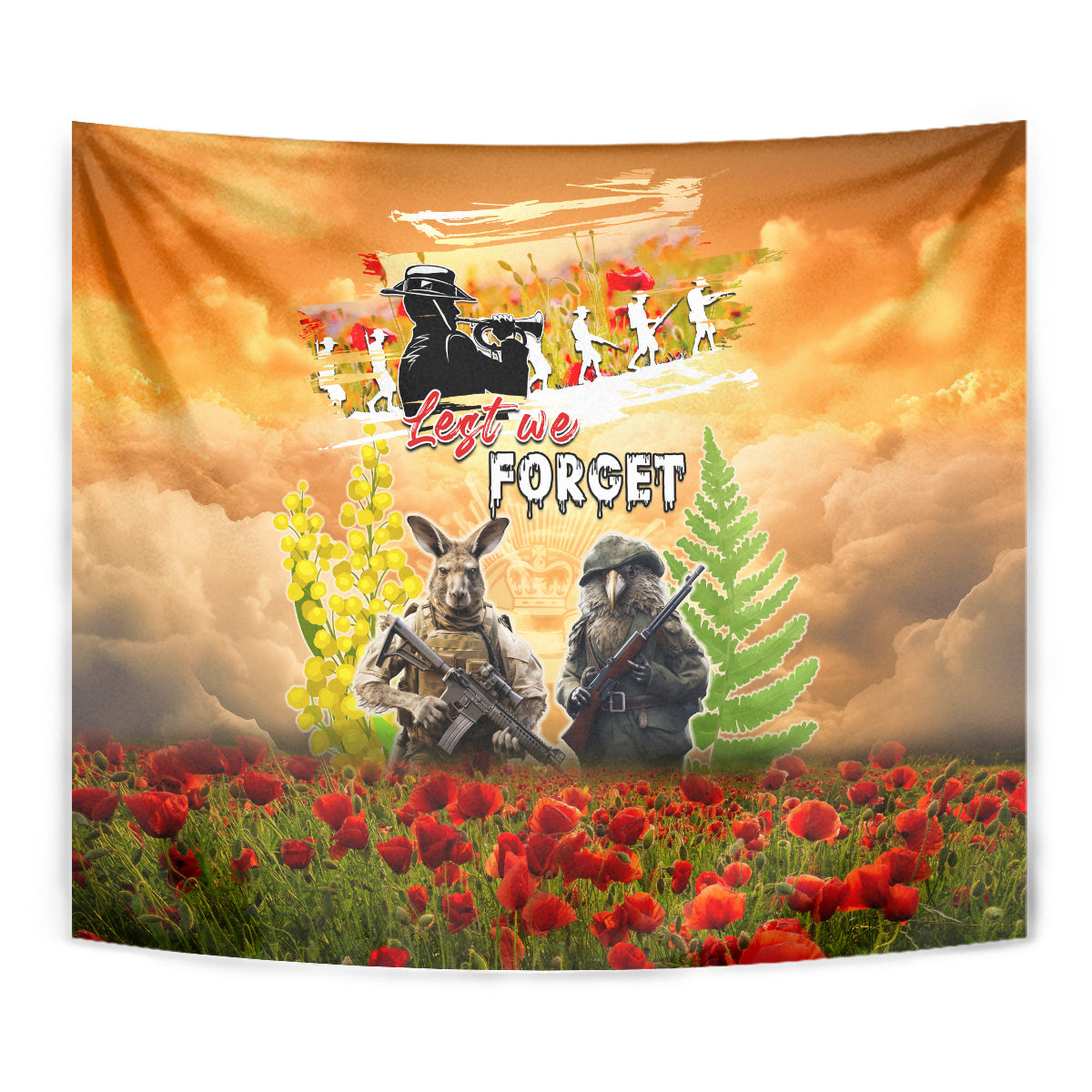 Australia And New Zealand ANZAC Day Tapestry Kangaroo And Kiwi Bird Soldiers Lest We Forget LT05 - Vibe Hoodie Shop