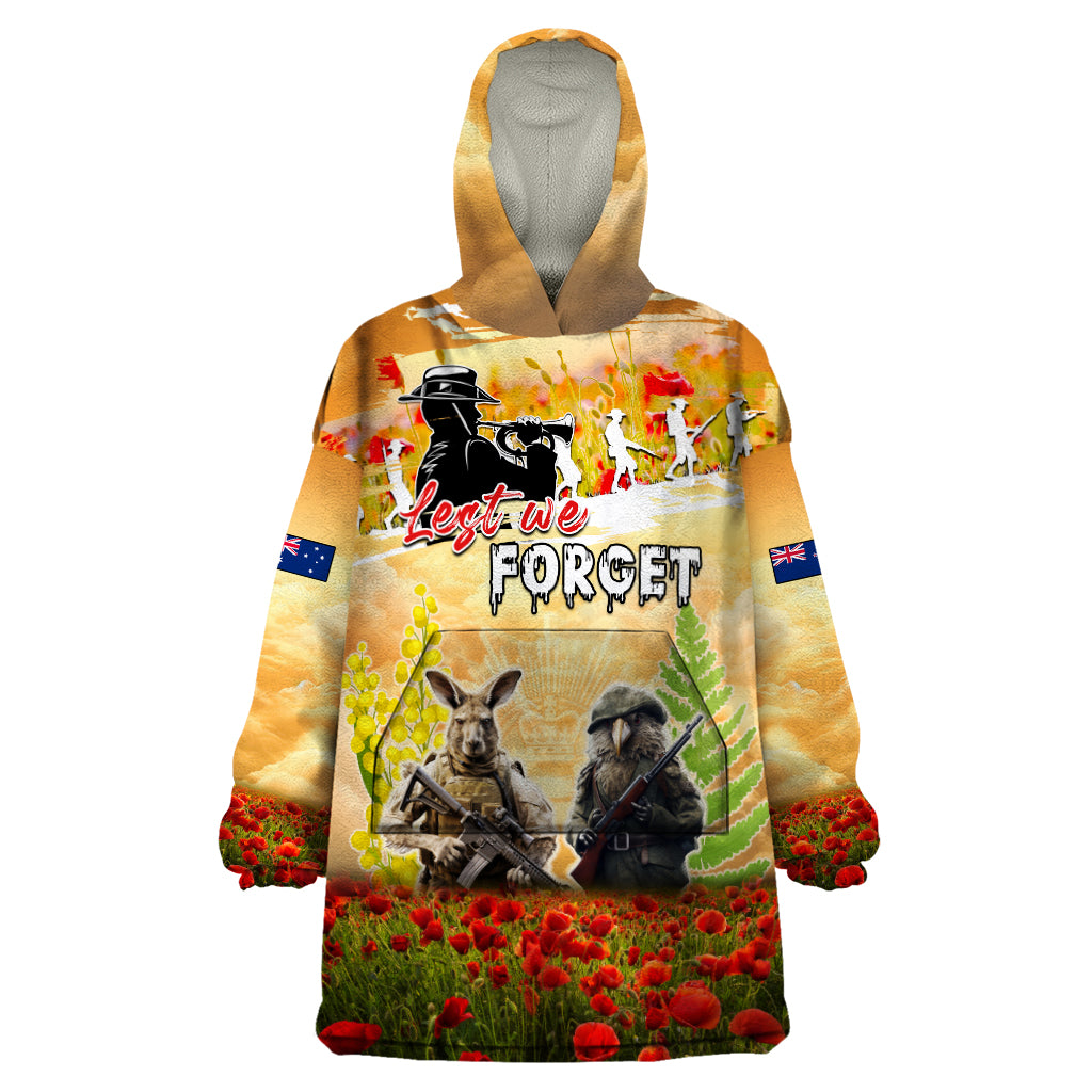 Australia And New Zealand ANZAC Day Wearable Blanket Hoodie Kangaroo And Kiwi Bird Soldiers Lest We Forget LT05 - Vibe Hoodie Shop