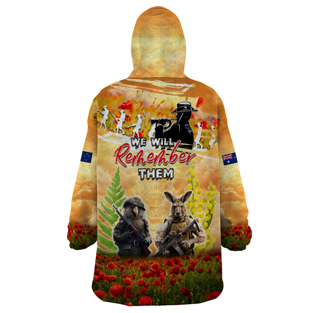 Australia And New Zealand ANZAC Day Wearable Blanket Hoodie Kangaroo And Kiwi Bird Soldiers Lest We Forget LT05 - Vibe Hoodie Shop