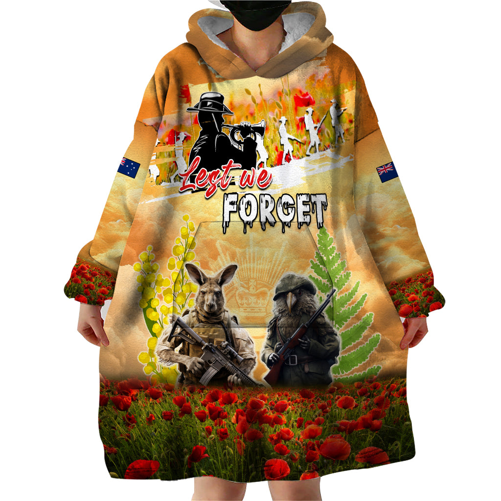 Australia And New Zealand ANZAC Day Wearable Blanket Hoodie Kangaroo And Kiwi Bird Soldiers Lest We Forget LT05 - Vibe Hoodie Shop