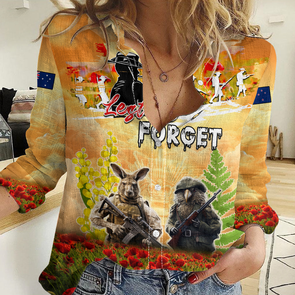 Australia And New Zealand ANZAC Day Women Casual Shirt Kangaroo And Kiwi Bird Soldiers Lest We Forget LT05 - Vibe Hoodie Shop