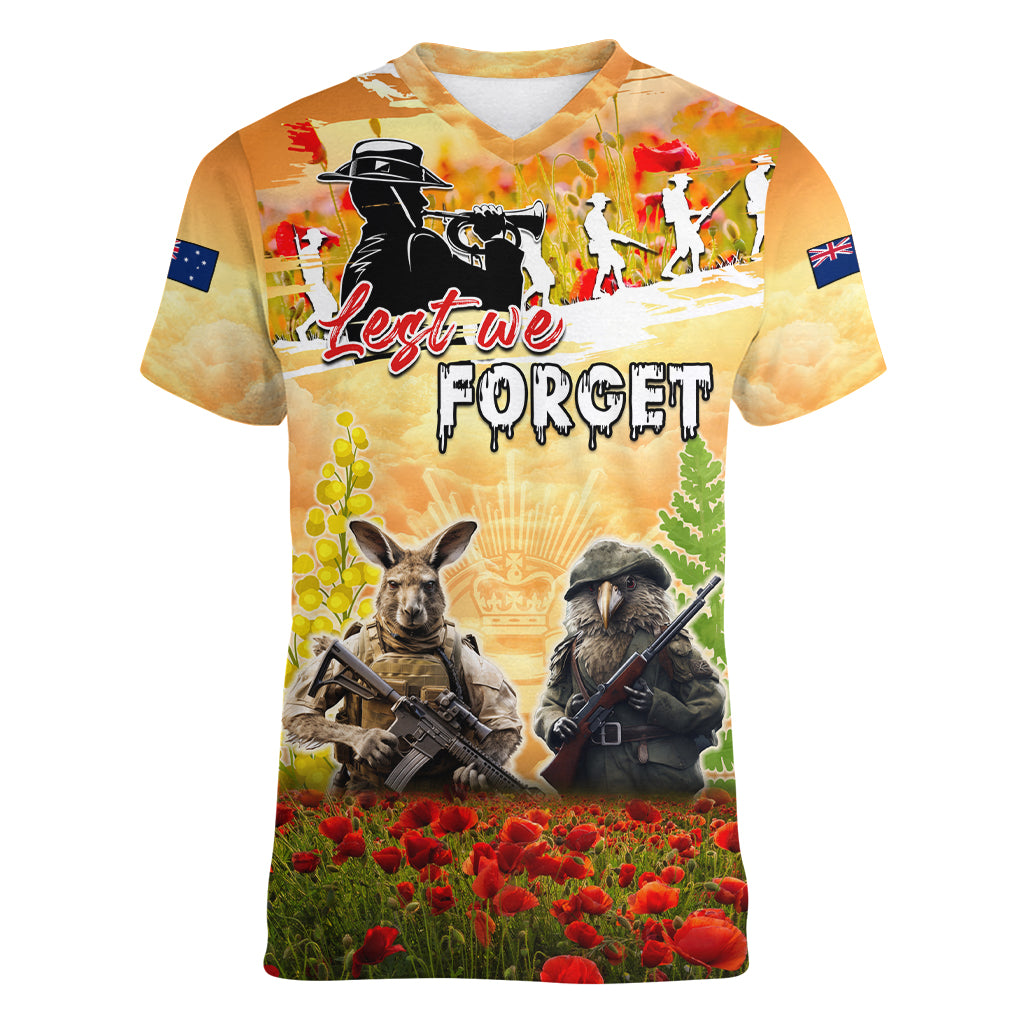 Australia And New Zealand ANZAC Day Women V Neck T Shirt Kangaroo And Kiwi Bird Soldiers Lest We Forget LT05 - Vibe Hoodie Shop