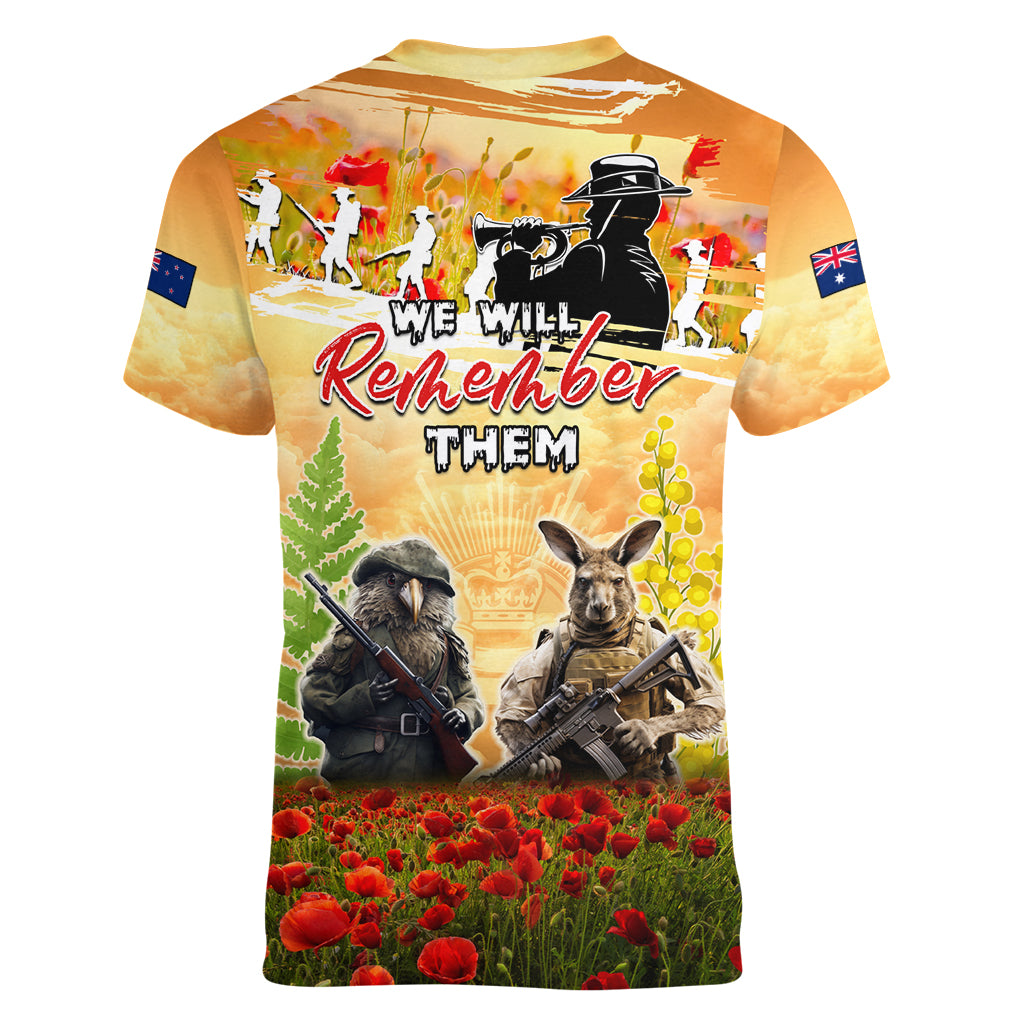 Australia And New Zealand ANZAC Day Women V Neck T Shirt Kangaroo And Kiwi Bird Soldiers Lest We Forget LT05 - Vibe Hoodie Shop