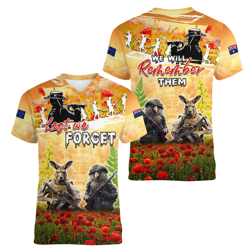 Australia And New Zealand ANZAC Day Women V Neck T Shirt Kangaroo And Kiwi Bird Soldiers Lest We Forget LT05 - Vibe Hoodie Shop