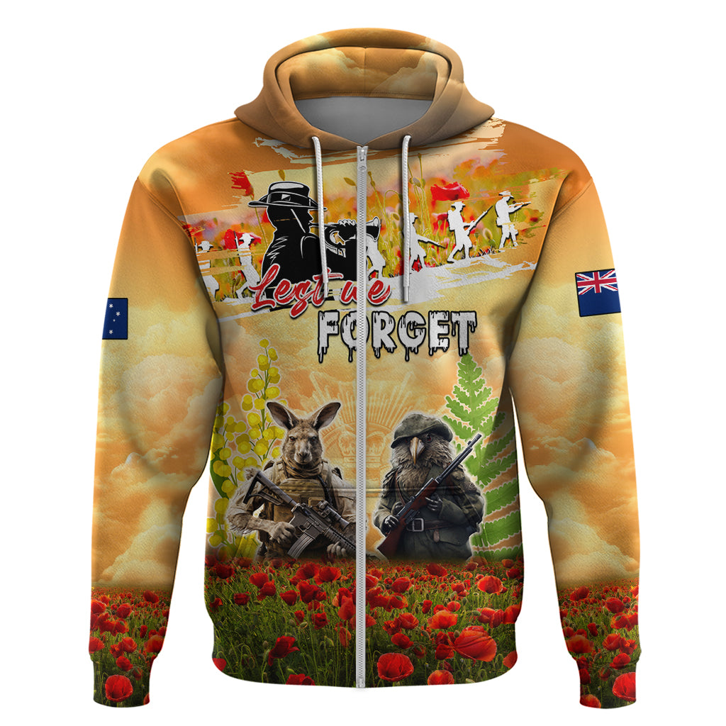 Australia And New Zealand ANZAC Day Zip Hoodie Kangaroo And Kiwi Bird Soldiers Lest We Forget LT05 - Vibe Hoodie Shop