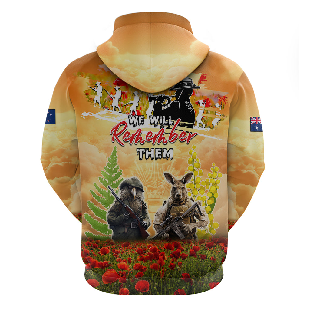 Australia And New Zealand ANZAC Day Zip Hoodie Kangaroo And Kiwi Bird Soldiers Lest We Forget LT05 - Vibe Hoodie Shop