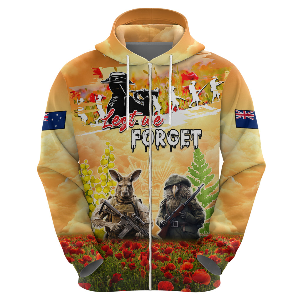 Australia And New Zealand ANZAC Day Zip Hoodie Kangaroo And Kiwi Bird Soldiers Lest We Forget LT05 - Vibe Hoodie Shop